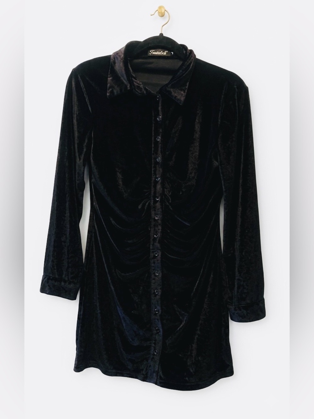Crushed Velvet Ruched Black Body Con Mini Dress -  / Long Sleeve (Size Small)